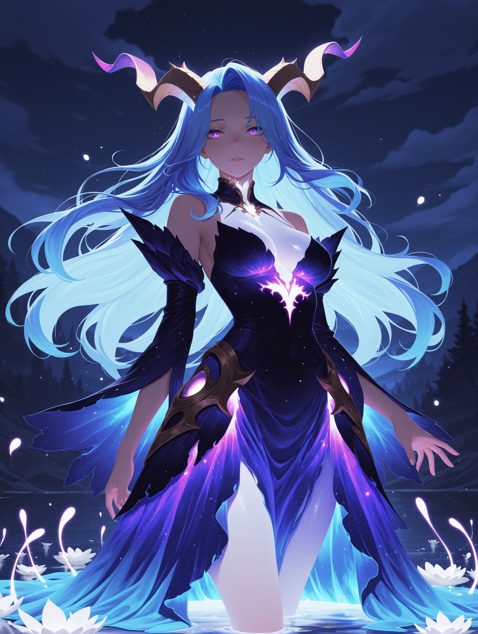 15256-1196754201-1girl, horned, swamps, luminescent blue hair, purple eyes, ethereal glowing dress, long hair, night, white glow, no lineart__,ma.png